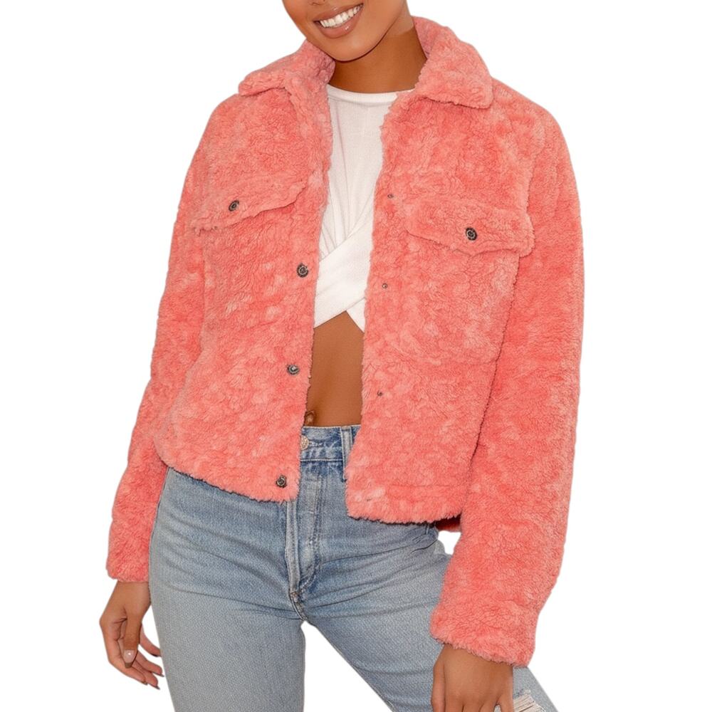 Free People Womens 'Teddy Swing' Fleece Faux Fur Jacket, Boxy Coral Pink X-Small